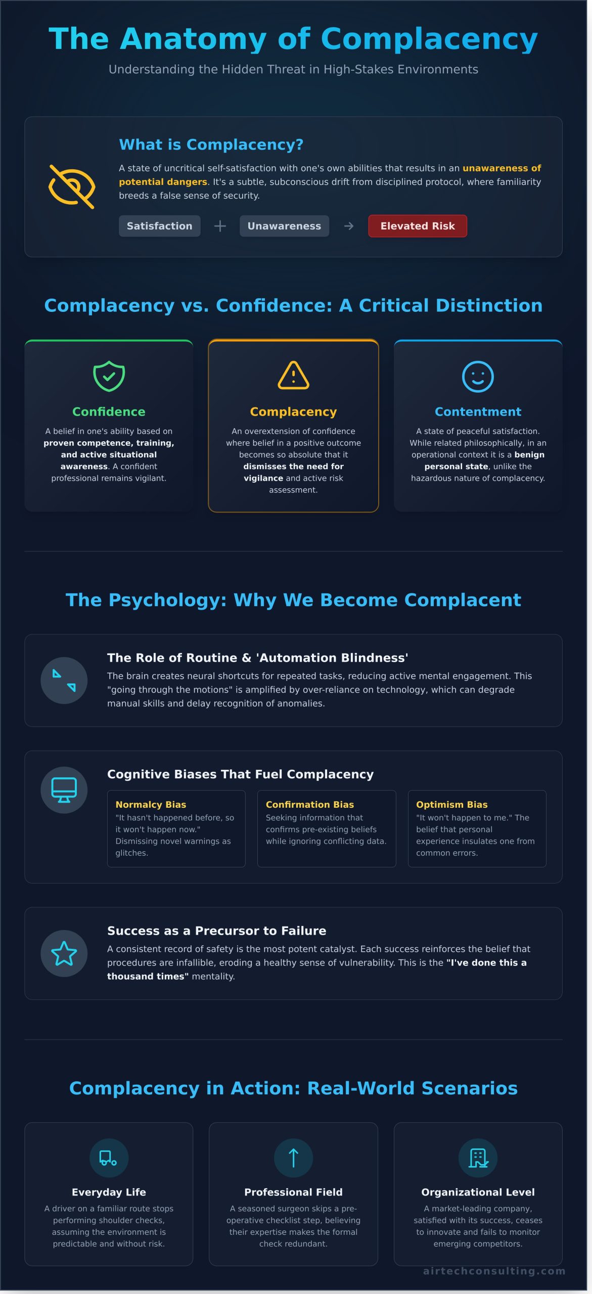 Complacency Definition: Identifying and Mitigating Risks in High-Stakes Environments - Infographic